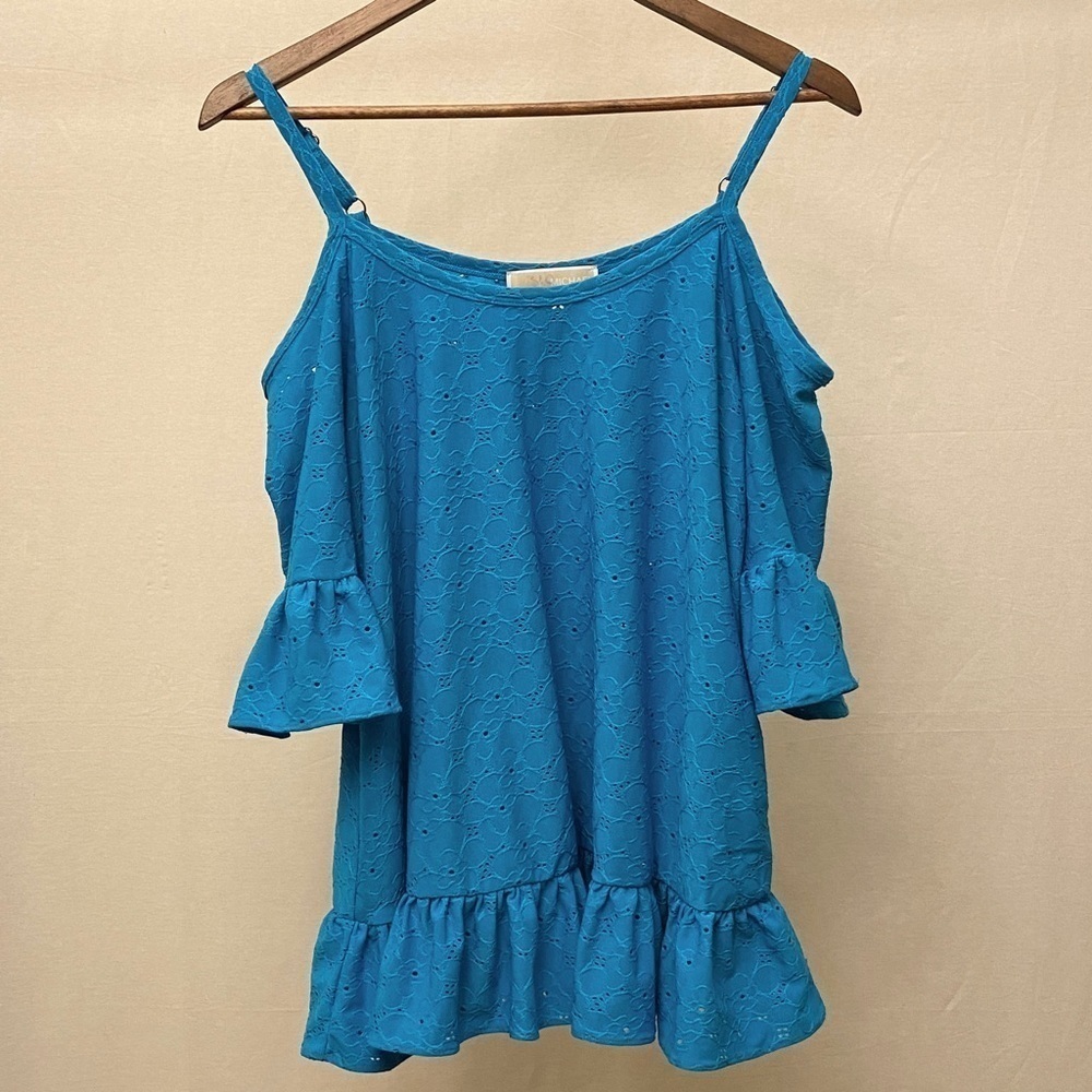 MICHAEL MICHAEL KORS Womens Blue Ruffled Elbow Sleeve Off Shoulder Top Sz Large - Picture 5 of 13